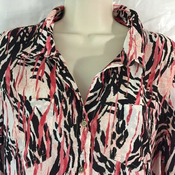 New Directions Womens Button Up Top Blouse Roll Up Sleeves Peach Paisley SZ PXL - Picture 5 of 16